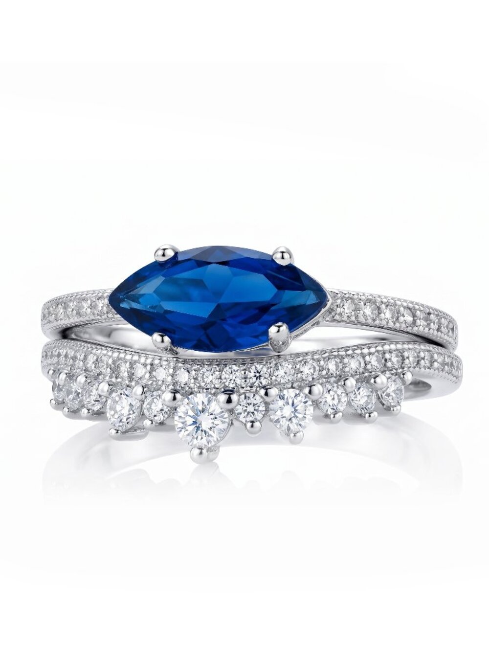 Pear Shaped Blue Sapphire Crown Bridal Set 925 Sterling Silver Charmed Aroma